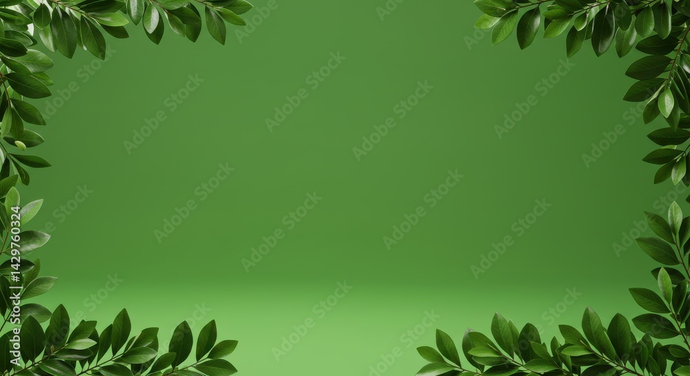 Minimalist composition with green background and leafy borders Minimalist composition with green background and leafy borders