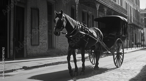 Historic horse-drawn carriage in a city street.