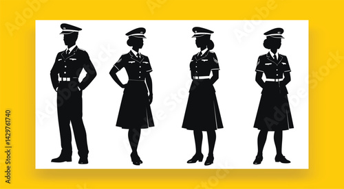 Silhouetted Pilot Men And Women Wearing Professional Uniforms In Aviation Industry