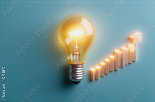 Illuminated light bulb represents a new idea. Rising bar chart signifies growth and progress on a blue background.