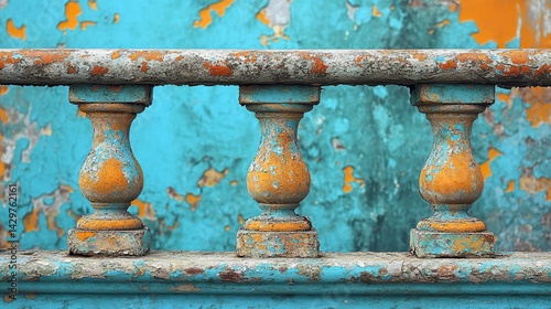 Cerulean paint peels from the railing of a seaside balcony
