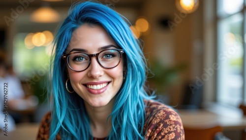Smiling young woman with blue hair coffee shop portrait casual environment upbeat viewpoint lifestyle concept