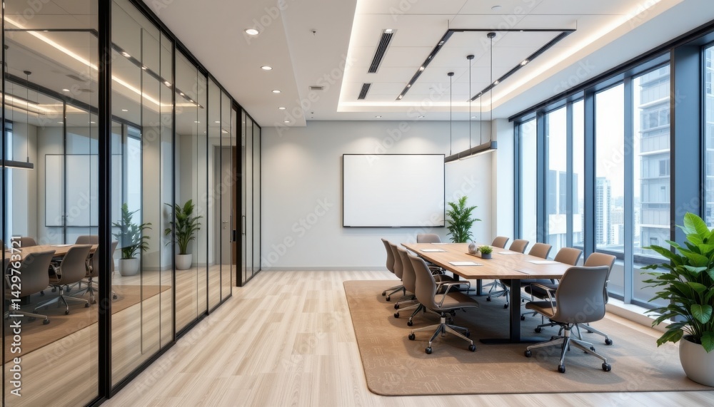 custom made wallpaper toronto digitalBusiness meeting setup in modern conference room urban office professional environment contemporary design wide angle view