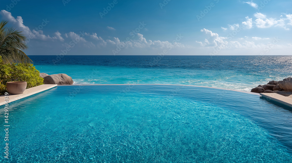 Fototapeta premium Oceanfront Infinity Pool: An idyllic setting where the crystalline pool seamlessly merges with the expansive ocean horizon, inviting relaxation. Capturing the tranquil beauty of the natural world.
