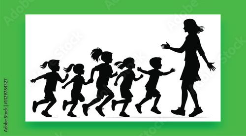 Teacher Playing Catching Game With Children Silhouettes Running Towards The Educator