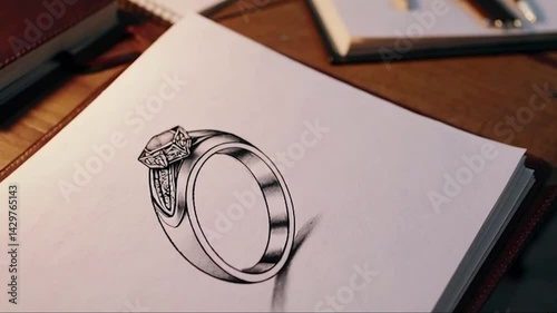 Jewelry artist sketches custom design in studio surrounded by tools and stones, then reveals real handcrafted ring or necklace beside the sketch

