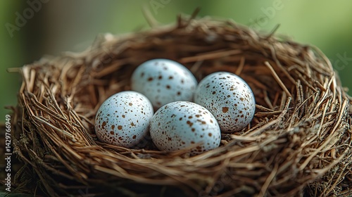 Close-up of the intricate details of a bird's nest with eggs