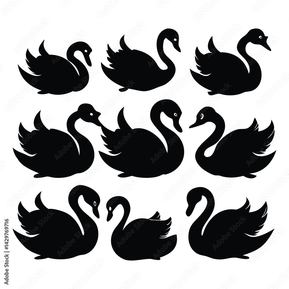 Fototapeta premium Set of silhouettes of swans vector design with white Background.