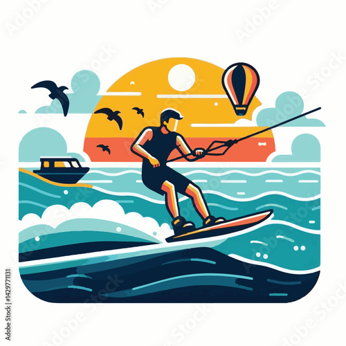 water, board, sport, summer, extreme, wakeboarding, surfing, wave, wakeboard, activity, action, vacation, lifestyle, lake, wake, recreation, active, fun, young, outdoor, holiday, man, sea, vector, lei