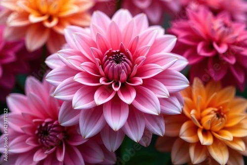 Intricate dahlia blooms, vibrant colors, close-up view, wallpaper, image, flowers
