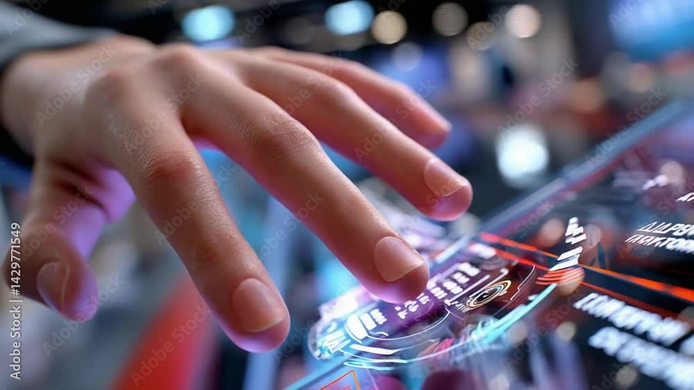 Digital Touch: A close-up shot of a human hand delicately interacts with an interactive touch screen display, illuminated by vibrant neon hues and futuristic design elements.