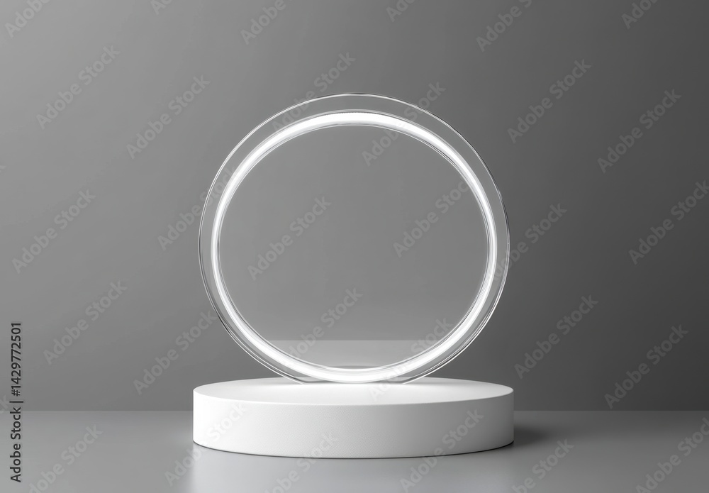 Minimalist Display Stand with Circular Glass Element on Gray Background Minimalist Display Stand with Circular Glass Element on Gray Background