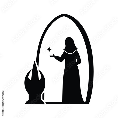 Sorceress Summoning Spirits from Mirror Portal Silhouette