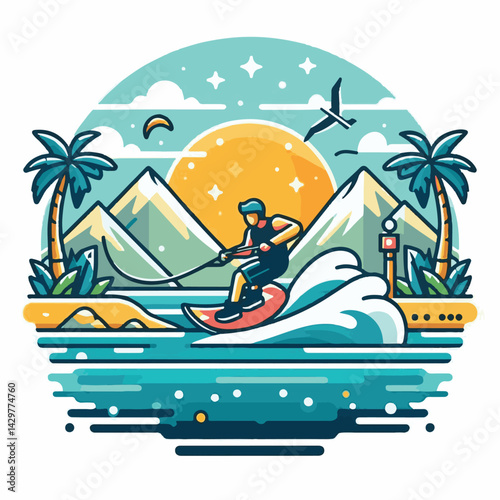 water, board, sport, summer, extreme, wakeboarding, surfing, wave, wakeboard, activity, action, vacation, lifestyle, lake, wake, recreation, active, fun, young, outdoor, holiday, man, sea, vector, lei