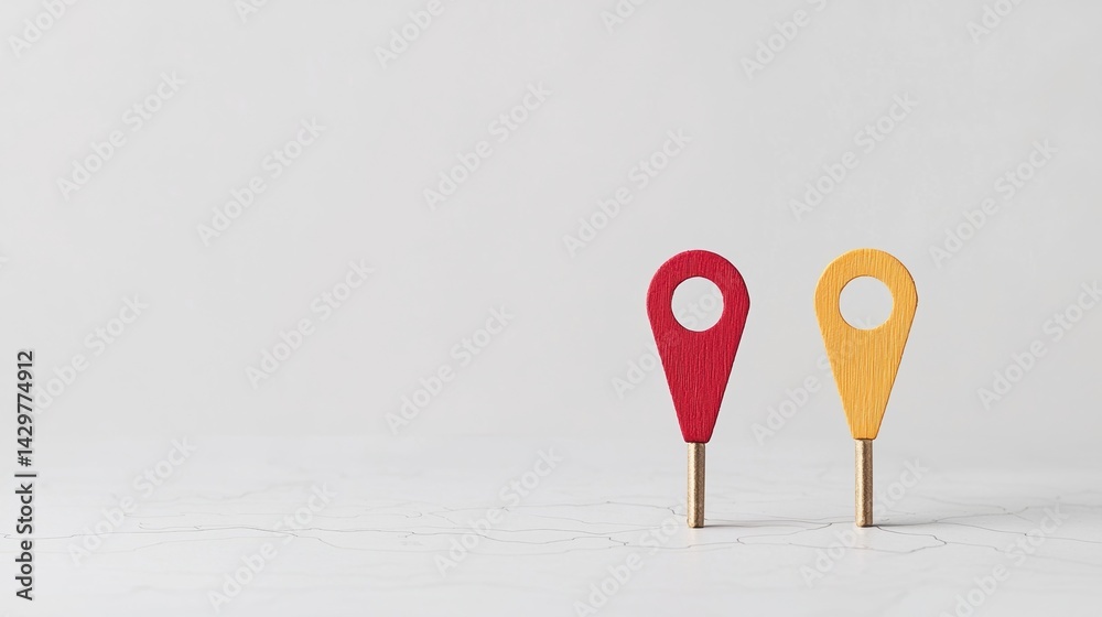 Naklejka premium Two colorful wooden map pins, one red and one yellow, stand on a light surface, symbolizing navigation and location.