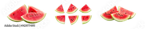 Set of red watermelon slices arranged in different positions and sizes, isolated on transparent background photo