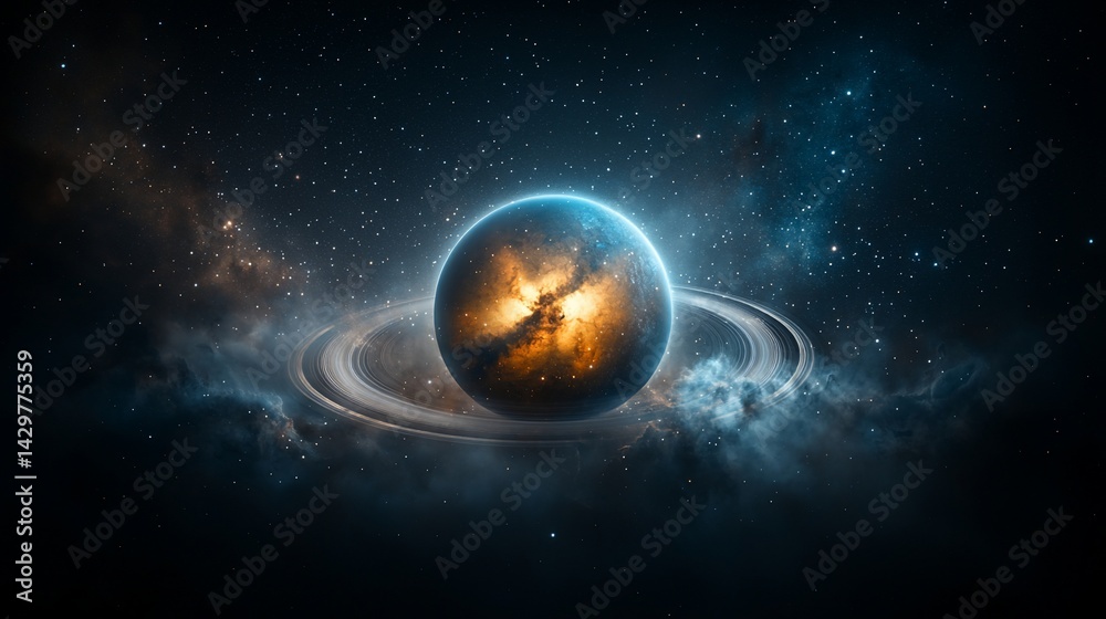 Obraz premium Cosmic ringed planet in a nebula