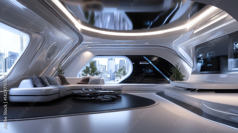 Futuristic Living Room with City Views Futuristic Living Room with City Views