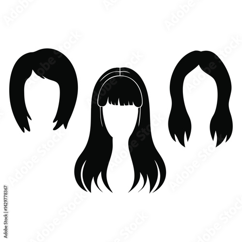 Silhouettes of women's wig hair vector design set with white Background.