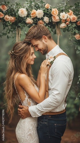 Couple embracing tenderly under a floral arch