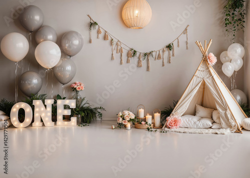 Festive Smash the Cake Backdrop with Teddy Bears & Balloon Accents for First Birthday Photography