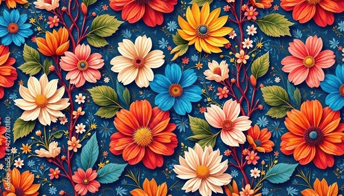 Intricate floral pattern, vibrant blooms, repeating design, surface, background, pretty