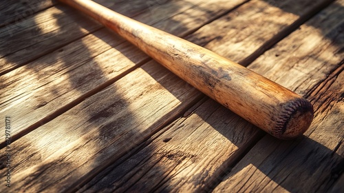 Vintage Wooden Baseball Bat on Rustic Weathered Brown Wood Background Texture Image Perfect for Sports Designs Retro Style Baseball Equipment Old      photo