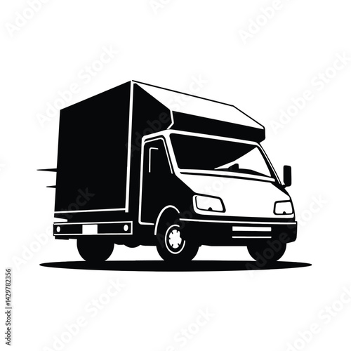 Flat Style Vector Logo of a Black Silhouette Delivery Truck with Motion Lines, Geometric Shapes and Clean Symmetrical Design