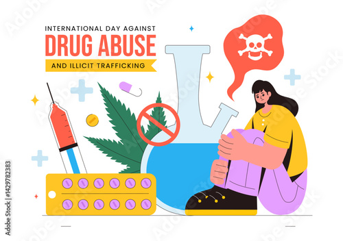 International Day Against Drug Abuse and Illicit Trafficking Vector Illustration with Anti Narcotics Awareness to Avoid Drugs and Harmful Medicines