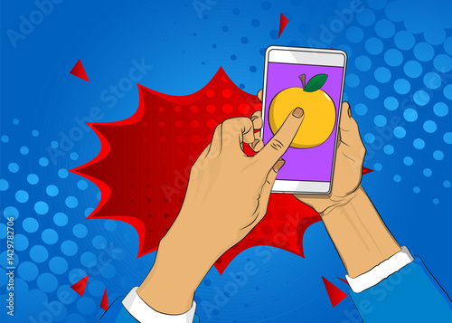 Cartoon Smartphone, comic book Telephone with Apple. Retro vector comics pop art design.