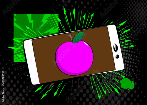 Cartoon Smartphone, comic book Telephone with Apple. Retro vector comics pop art design.