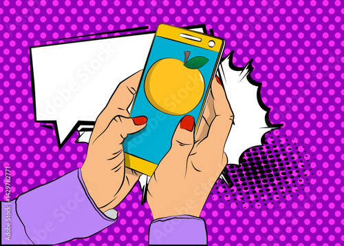 Cartoon Smartphone, comic book Telephone with Apple. Retro vector comics pop art design.