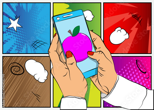 Cartoon Smartphone, comic book Telephone with Apple. Retro vector comics pop art design.