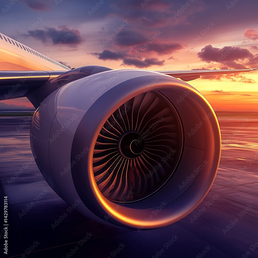 Airplane engine close-up. Airplane in flight at sunset Airplane engine close-up. Airplane in flight at sunset