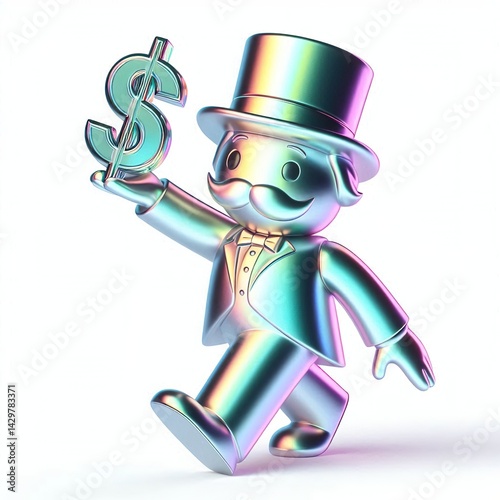 Animated character 3D image of a metallic holographic style monopoly man cute design, white background
