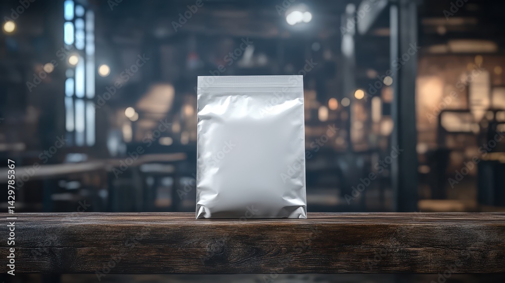Metallic white resealable pouch resting on wooden table. Metallic white resealable pouch resting on wooden table.