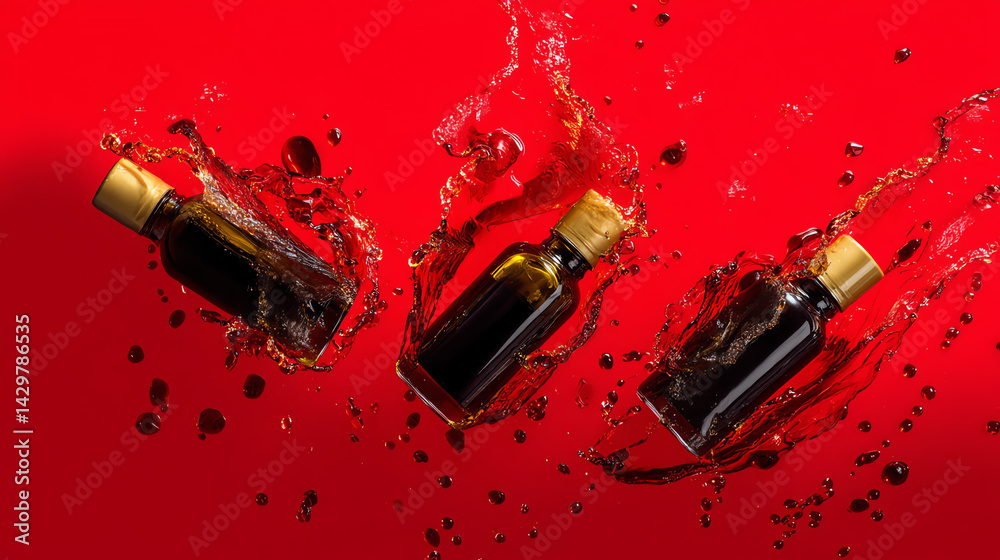Fototapeta premium Three bottles with a vibrant splash of oil on a bold red background. Perfect for ads, food branding, and commercial use. High-quality, dynamic, and eye-catching