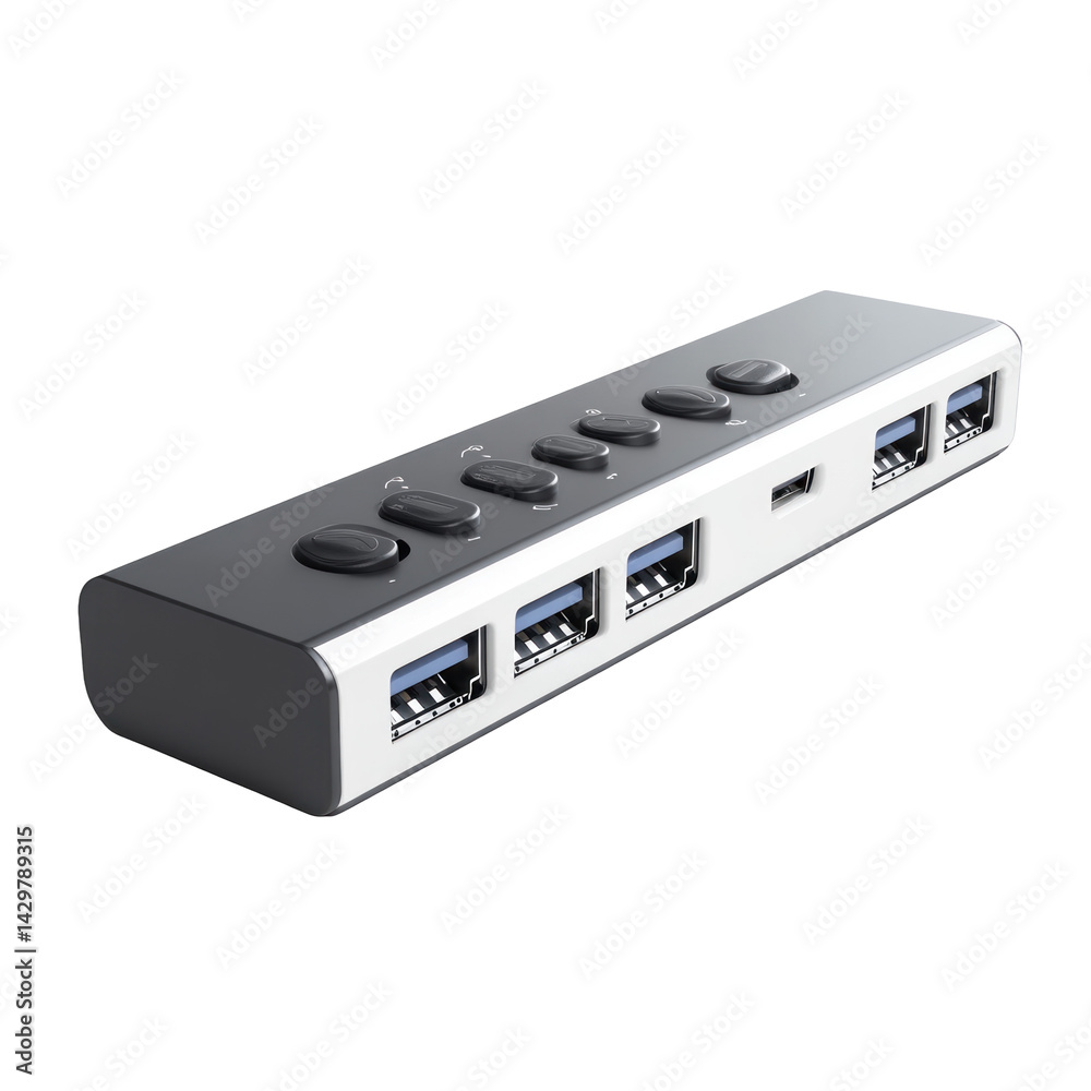 USB Hub with Multiple Ports and Power Buttons for Enhanced Connectivity and Convenience on transparent background USB Hub with Multiple Ports and Power Buttons for Enhanced Connectivity and Convenience on transparent background