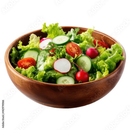 Fresh salad in wooden bowl isolated on white background