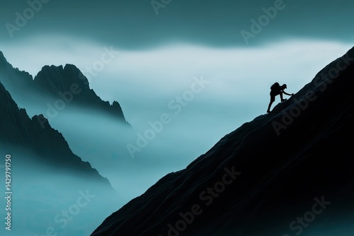 Climber ascending misty mountain