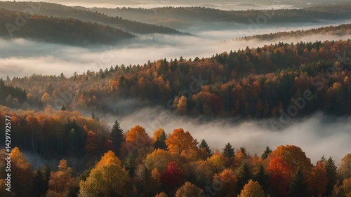 Dense autumn forest covered in morning fog, muted colors of orange, red and brown, soft light and mystery, dreamy and calm atmosphere, ultra-detailed cinematic fall background