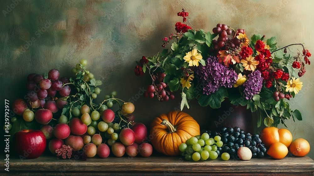 Autumnal Still Life: Vibrant Fruits, Flowers, and Rustic Charm Autumnal Still Life: Vibrant Fruits, Flowers, and Rustic Charm