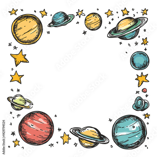 Space Border with Colorful Planets and Stars