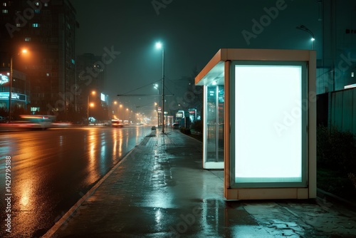 City bus stop advertising billboard mockup on rainy night street for marketing and commercial promotion