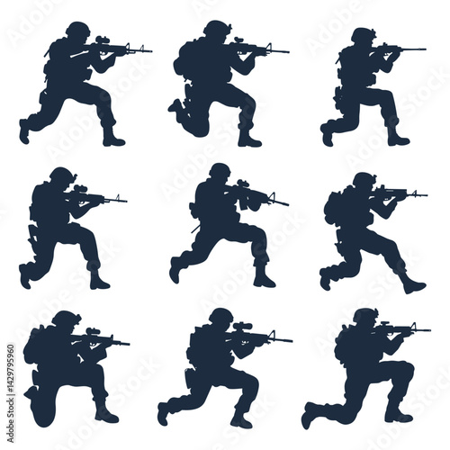 Military Squad in Crouching Tactical Pose