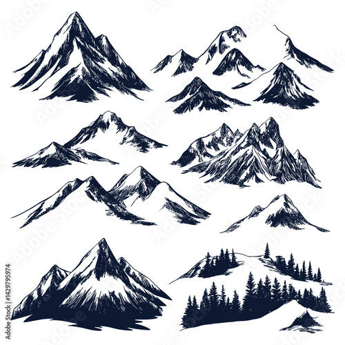 Hand Drawn Mountain Landscapes with Trees