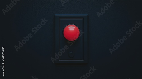 A close-up of a large red button on a black panel, suggesting a sense of urgency or a call to action in a minimalist design.