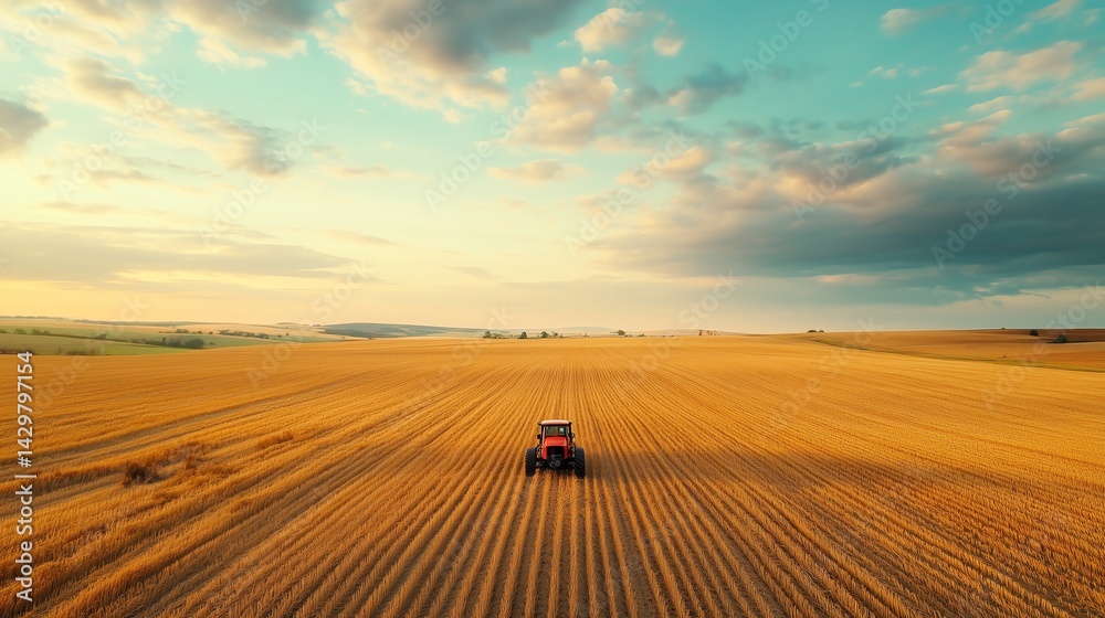 Fototapeta premium Drone operator in vast serene fields, simple and peaceful farming technology scene