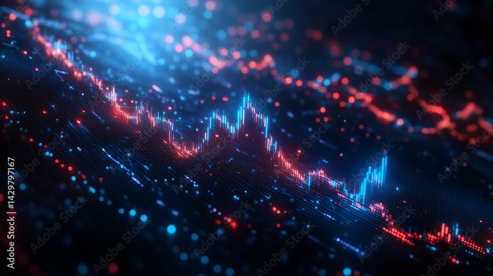 Obraz premium Dynamic stock market chart with glowing blue and red elements on dark background, financial analysis concept