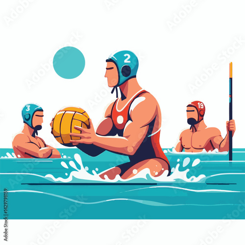 water, ball, sport, game, competition, water polo, polo, pool, swim, play, sports, person, vector, athlete, player, illustration, team, match, exercise, recreation, summer, background, young, blue, ac